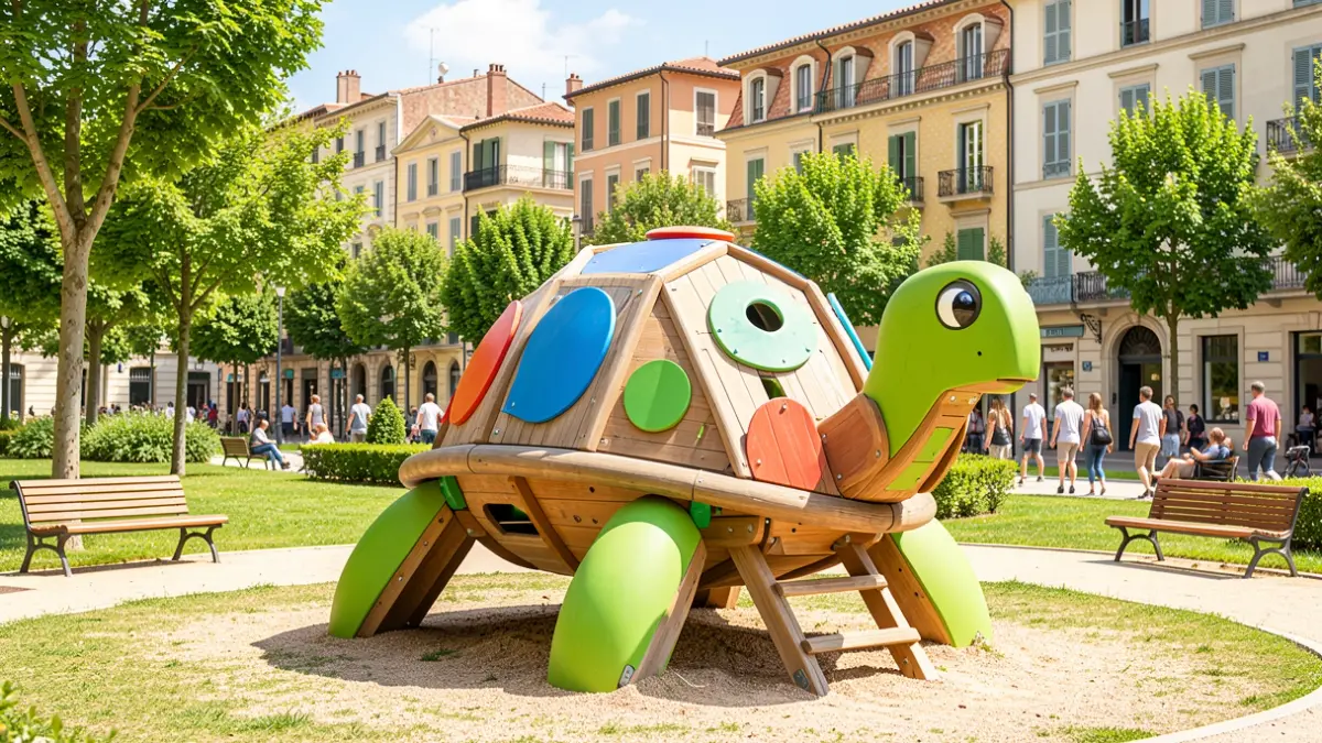 Imatge genèrica d'una zona de jocs infantil amb forma de tortuga en un parc urbà.