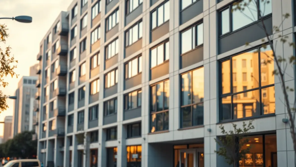 Generic image of a modern university residence in an urban setting.