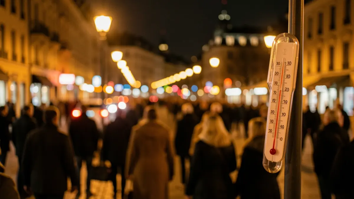 Imatge genèrica d'un termòmetre a la nit amb llums de ciutat difuminades.
