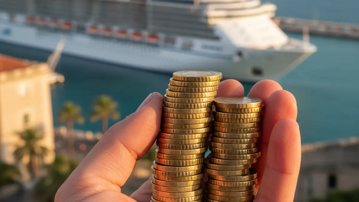 Imatge genèrica de monedes d'euro amb un creuer al fons.