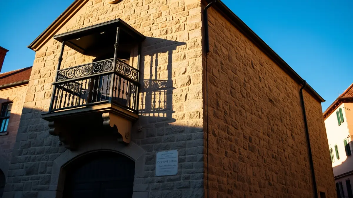 Façana d'un ajuntament de pedra amb balcó i baranes de ferro, il·luminada pel sol de la tarda.