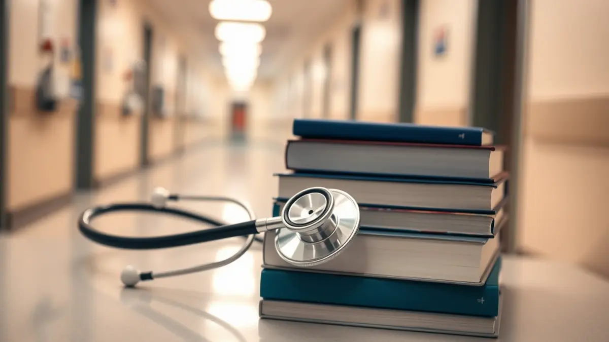 Generic image of a stethoscope on medical textbooks, symbolizing medical training and innovation.