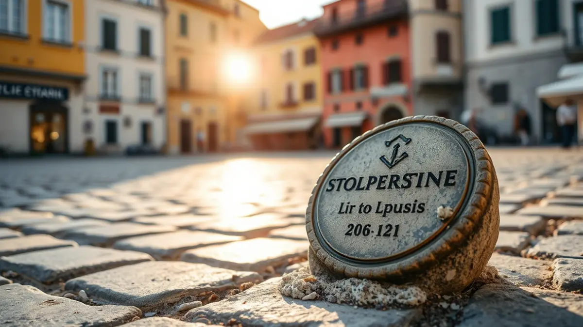 Image of a 'Stolpersteine' (stumbling stone) embedded in a cobblestone street.