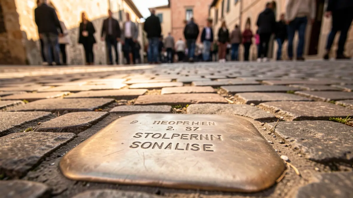 Generic image of a Stolperstein memorial stone on a cobblestone street.