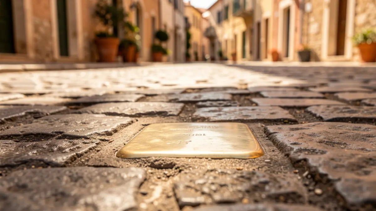 Imatge d'una llamborda Stolpersteine commemorativa en un carrer empedrat.