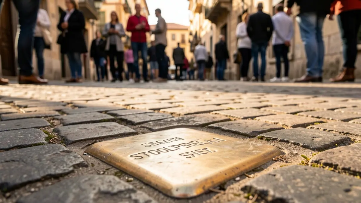 Generic image of a Stolperstein in a cobblestone street with warm light.