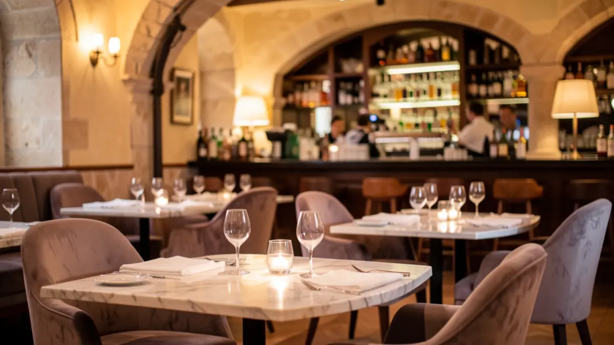 Interior of an elegant restaurant with Mediterranean architectural details.