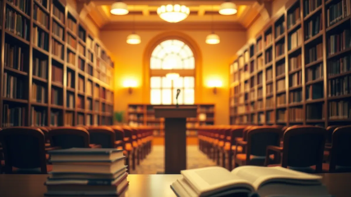 Imagen genérica de un interior de biblioteca con estanterías de madera y una pila de libros.