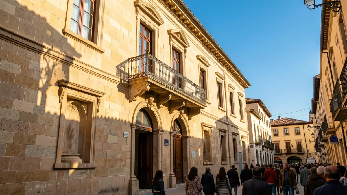 Imagen genérica de un ayuntamiento de piedra con balcón y luz cálida.