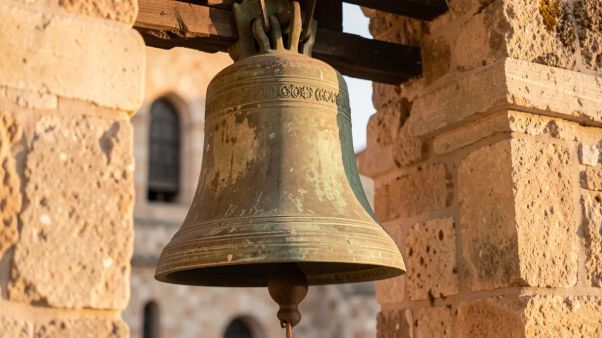 Image of an ancient bronze bell in a stone belfry.