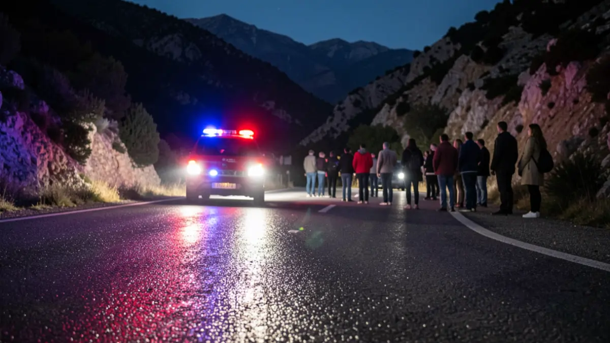 Imatge genèrica de llums d'emergència reflectint-se en asfalt mullat a la nit.