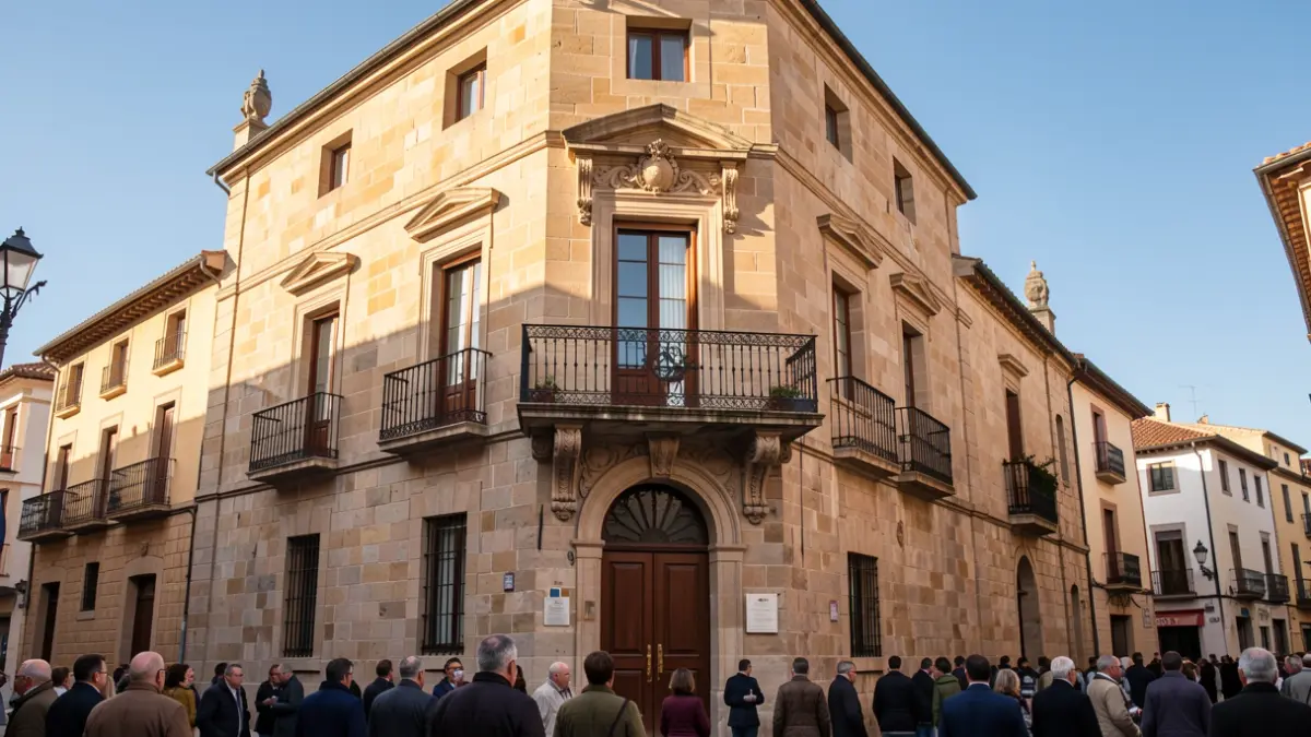 Generic image of a Catalan town hall facade with a balcony and iron railings, warm afternoon light.