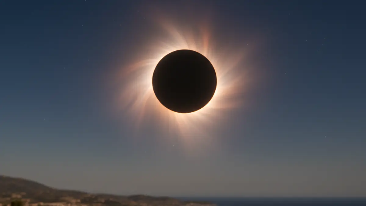 Generic image of a solar eclipse, with the corona visible around a dark disk.
