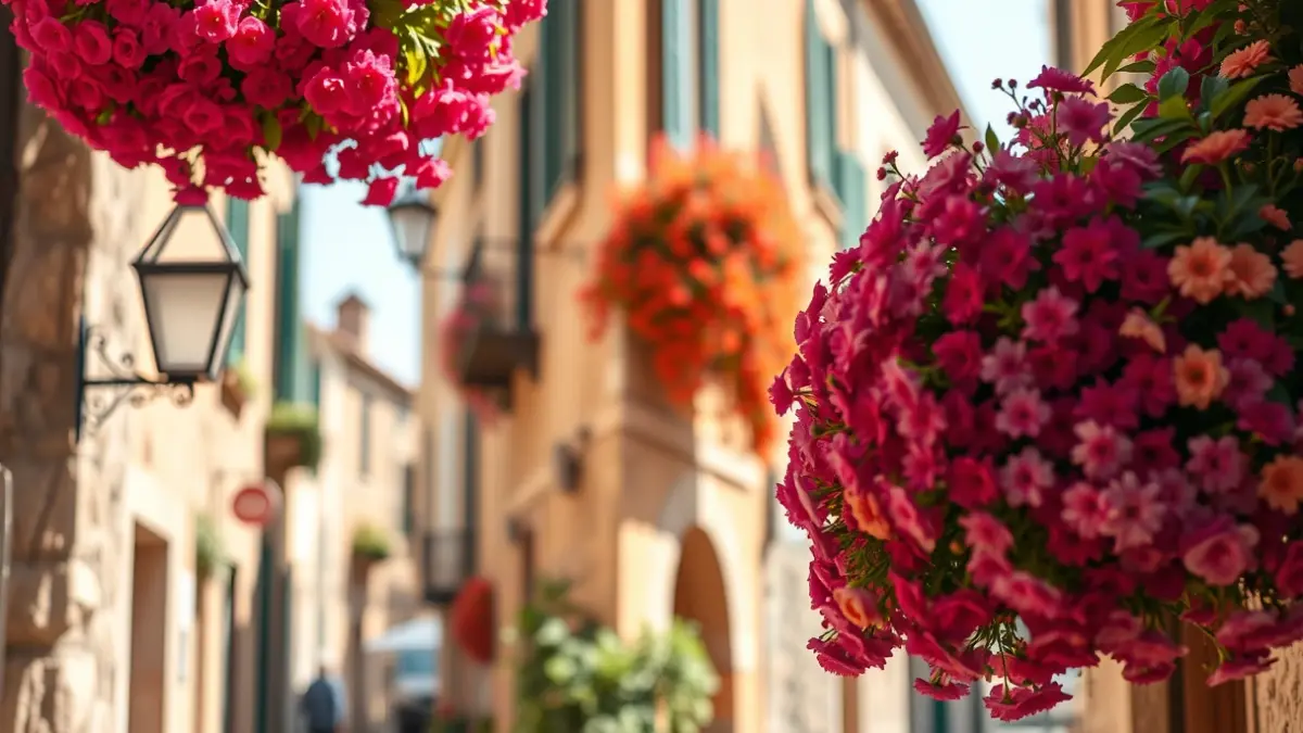Imagen de arreglos florales decorando un edificio histórico durante un festival.