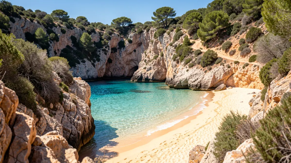 Generic image of a secluded cove with rocks and Mediterranean vegetation.