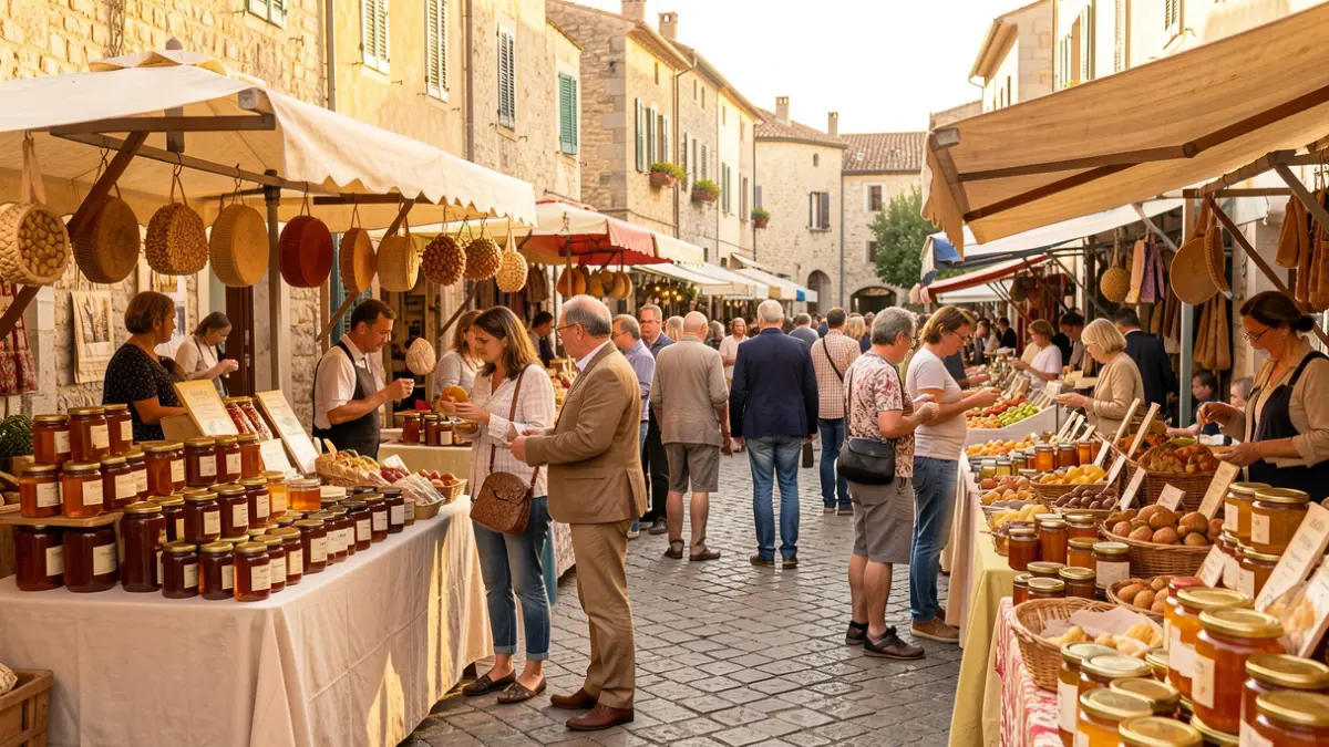 Imatge genèrica d'una fira de productes locals amb parades i públic.