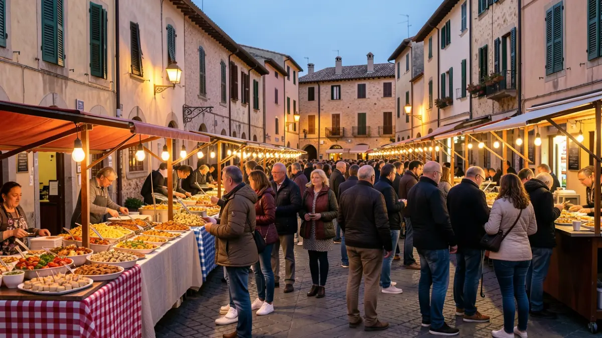 Generic image of a street food festival with tapas stalls and a festive atmosphere.