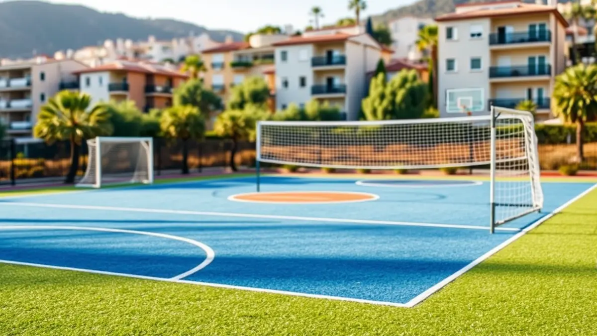 Imagen de una pista multideportiva con césped artificial, canastas de baloncesto y porterías de fútbol.