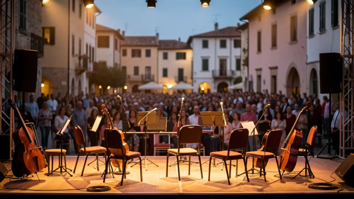 Escenario vacío preparado para un concierto al atardecer, con instrumentos y sillas.