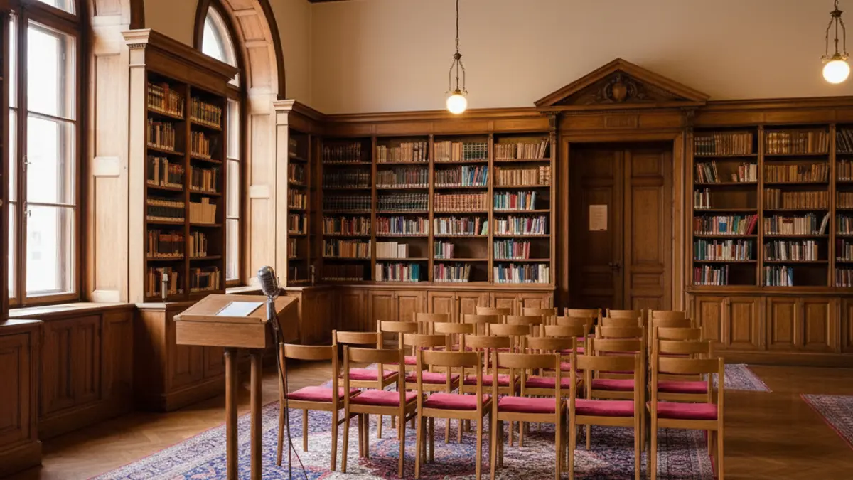 Imatge genèrica d'un interior de biblioteca amb prestatgeries de fusta i un podi amb micròfon, simbolitzant una institució cultural.