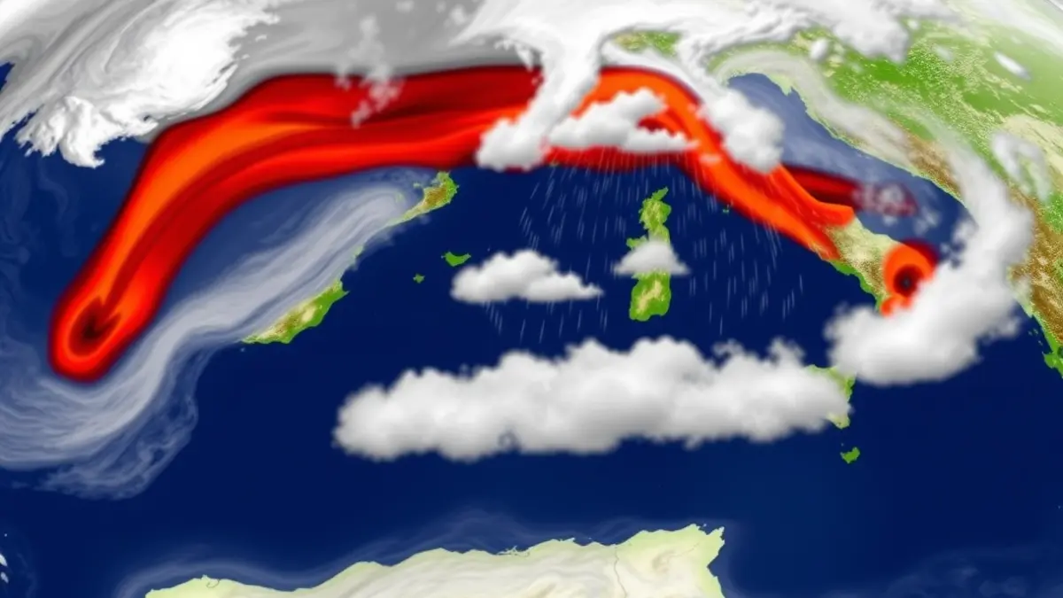 Generic image of a weather map with cold air masses and rain clouds.