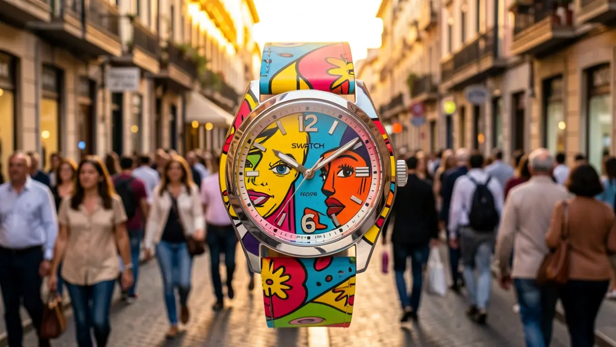 Imatge d'un rellotge Swatch de col·lecció limitada amb disseny Pop Art.