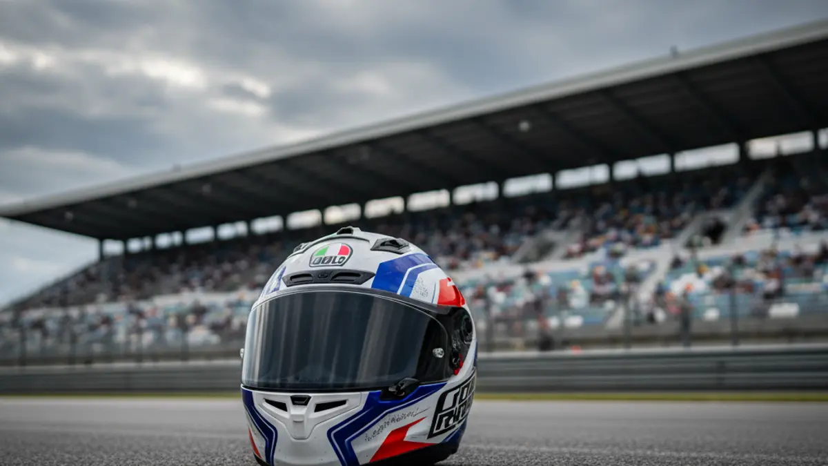 Imatge genèrica d'un casc de motociclisme en un circuit.