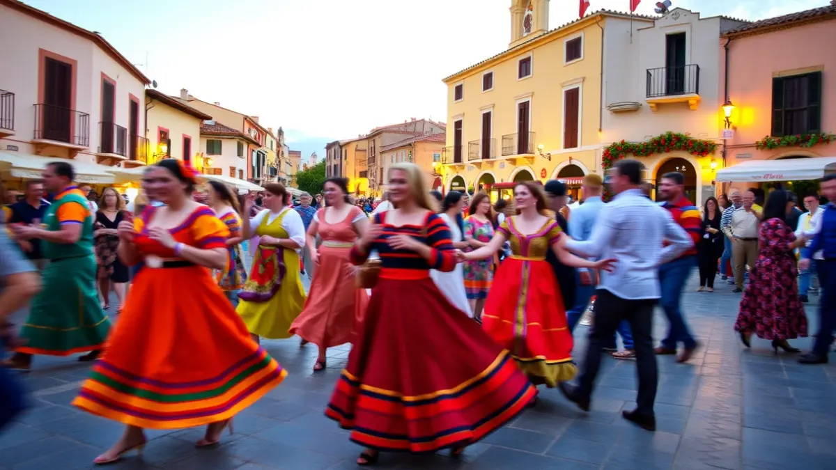 Imagen de una celebración cultural con danzas tradicionales y gastronomía.
