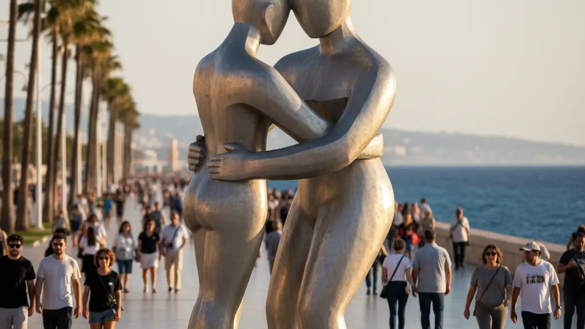 Escultura de l'abraçada de Messi i Ronaldinho a Castelldefels