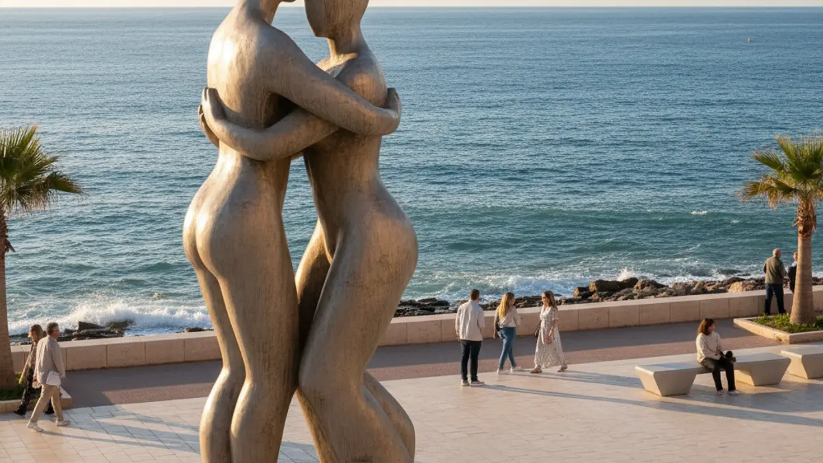 Modern sculpture on a seaside promenade
