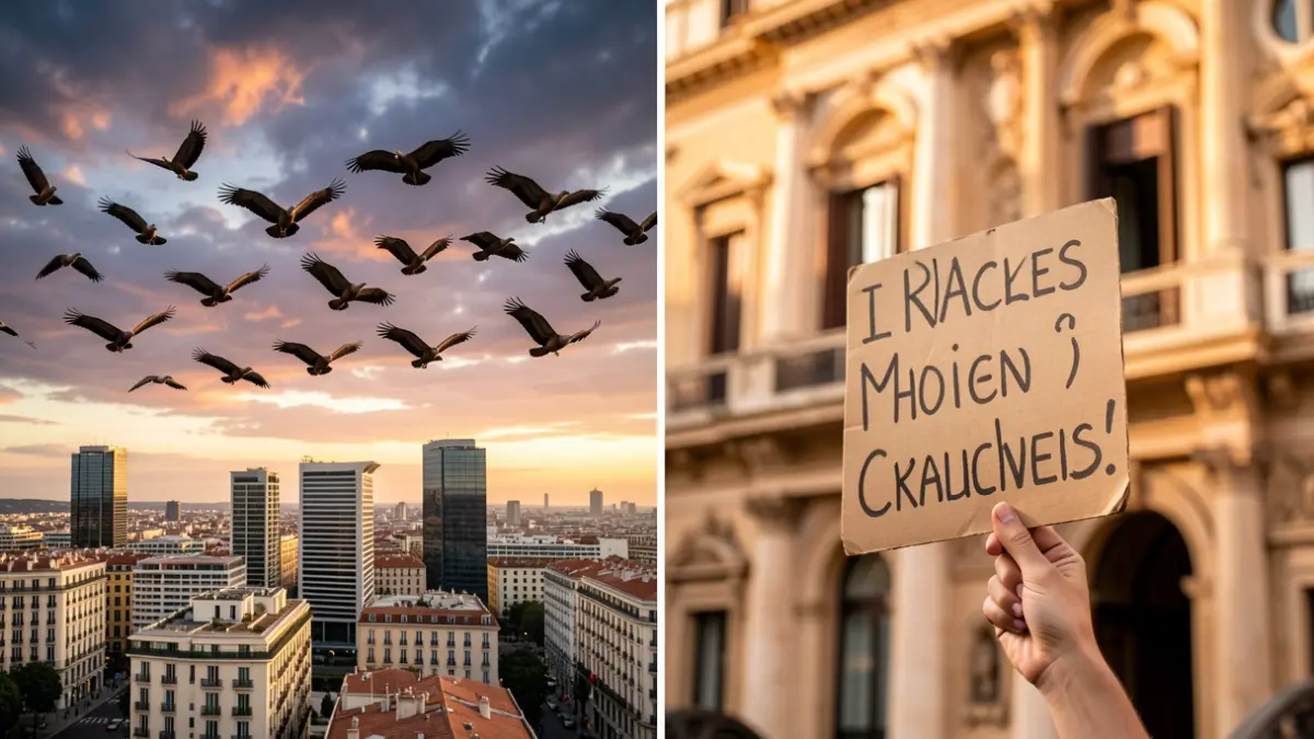 Imagen genérica de protesta contra fondo urbano y edificios emblemáticos.
