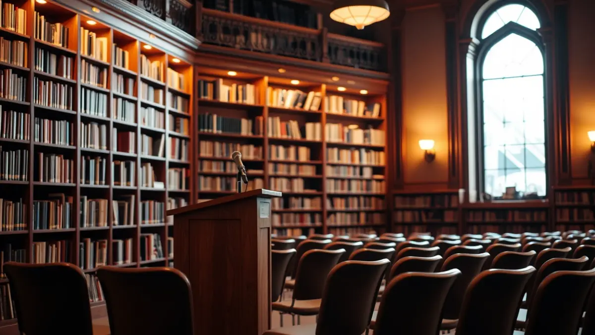 Imagen genérica de una sala de conferencias o biblioteca, con un atril y sillas vacías, iluminada con luz cálida.