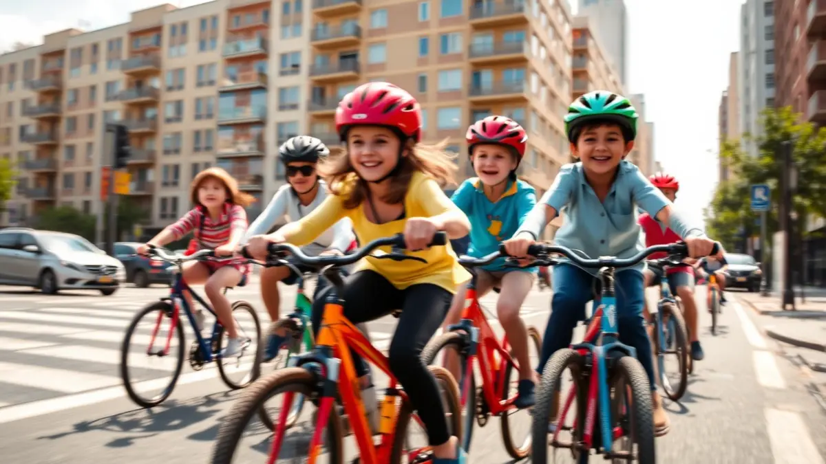 Imagen genérica de familias pedaleando en una bicicletada urbana.