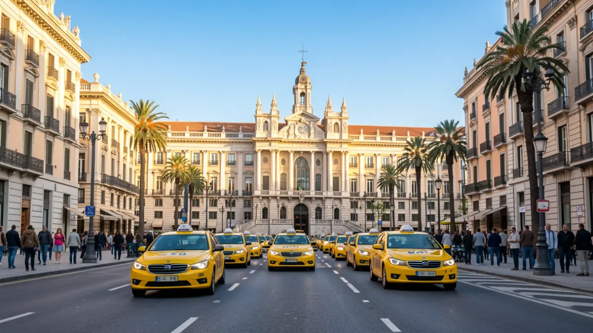 Taxis grocs circulant pel centre de Barcelona.