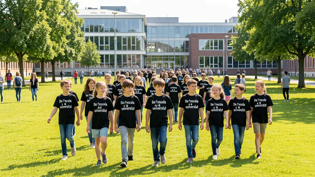 Niños y niñas con camisetas negras con el lema 'De la escuela a la universidad' caminan por el césped de un campus universitario.
