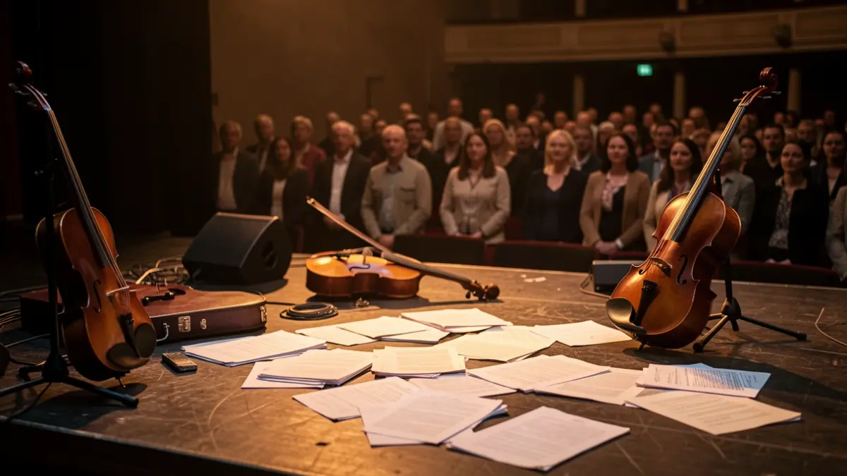 Imatge genèrica d'un escenari amb instruments musicals i partitures.