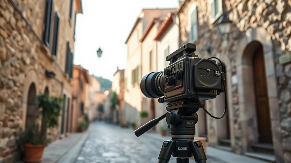 Càmera de cinema antiga en un carrer tranquil de Cerdanyola del Vallès, amb edificis de pedra i llum càlida.
