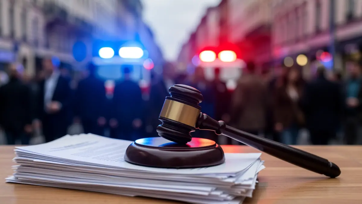 Generic image of a judge's gavel on legal documents with emergency lights in the background.