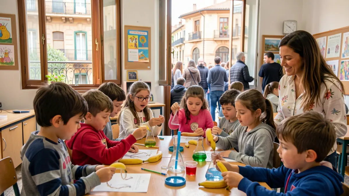 Nens i nenes participant en un experiment científic per extreure ADN de fruita en una aula a Barcelona.