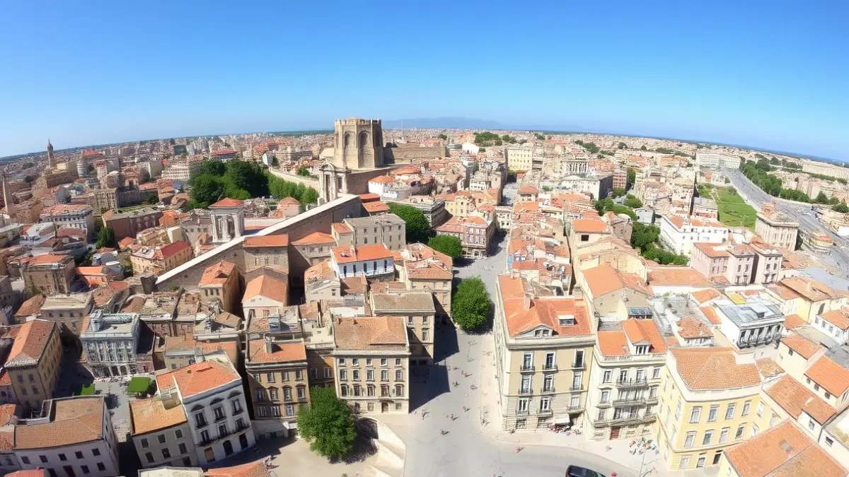 Aerial view of a historic urban district with old buildings and green spaces.