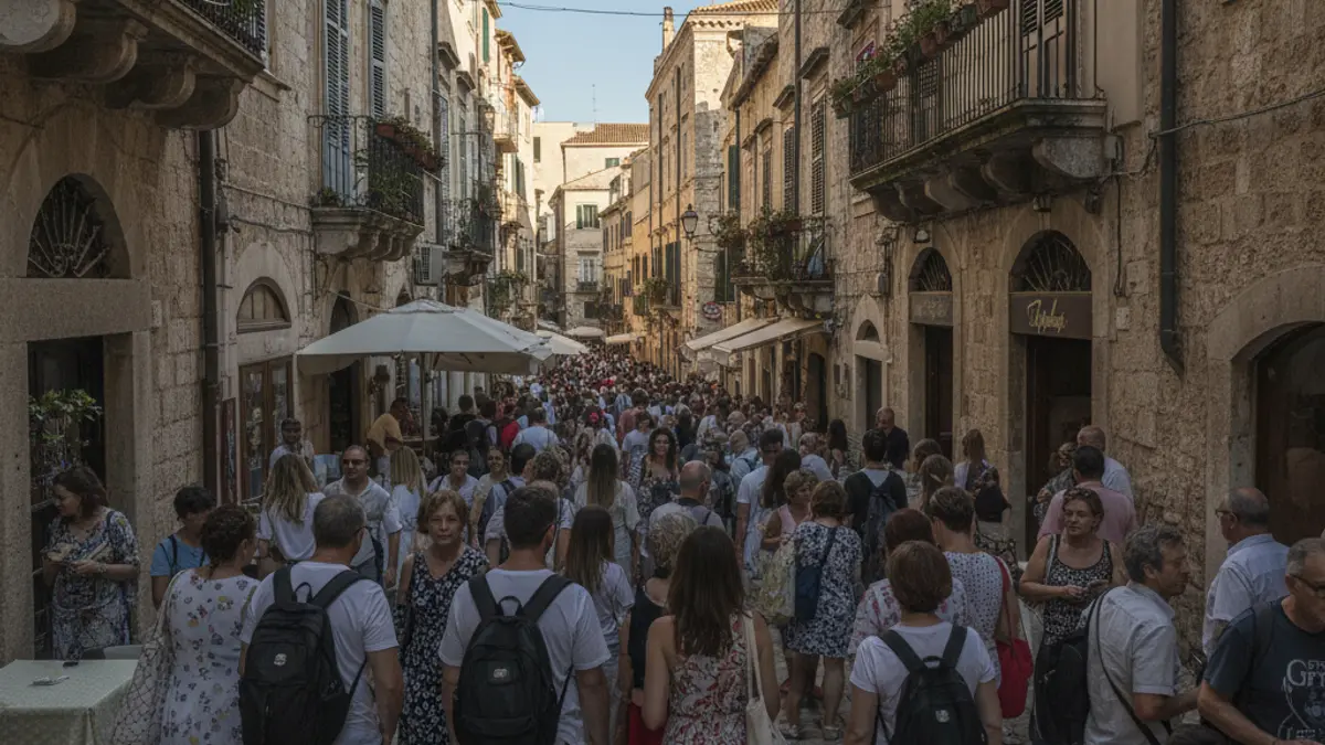 Image of a historic street in Ciutat Vella with tourists and residents
