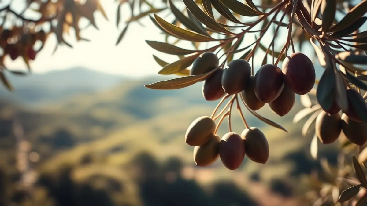 Olive tree branches with ripe olives under Mediterranean sun, with Collserola hills in the background.