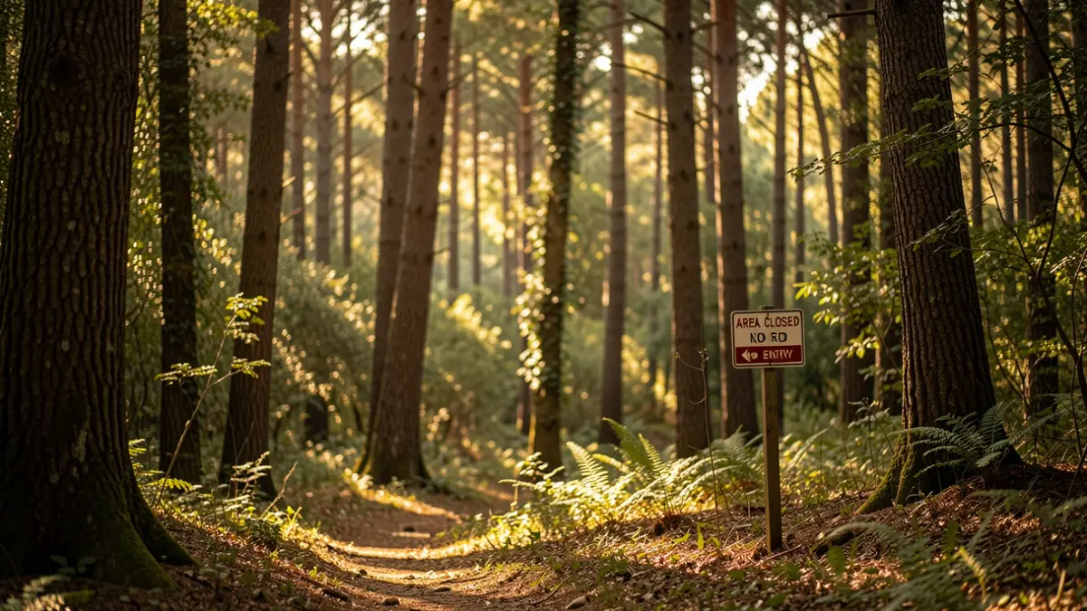 Generic image of a closed forest with warning signs.