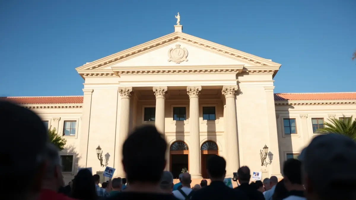 Image of a concentration in front of a courthouse.