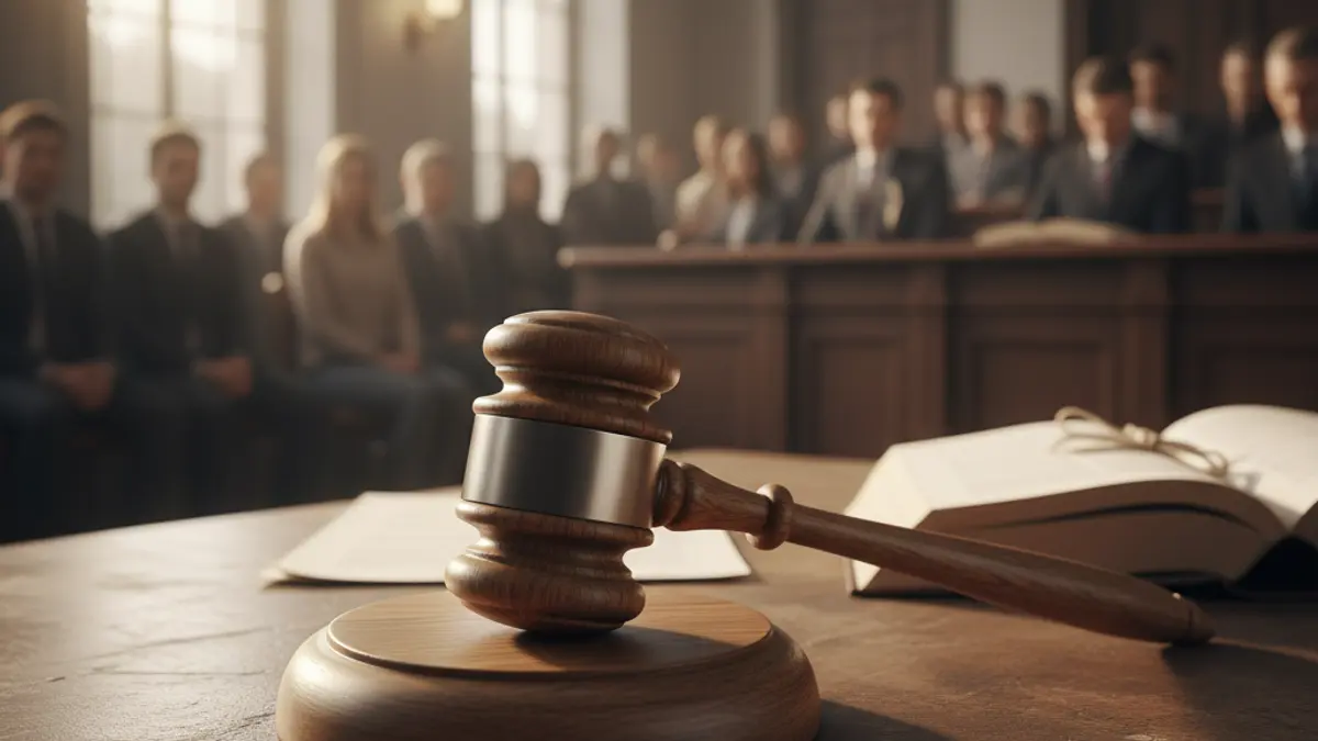 Generic image of a judge's gavel on a desk in a courtroom.