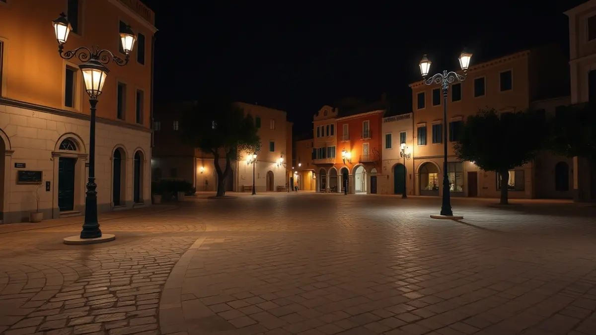 Generic image of a Mediterranean urban square at night, with streetlights illuminating the space.