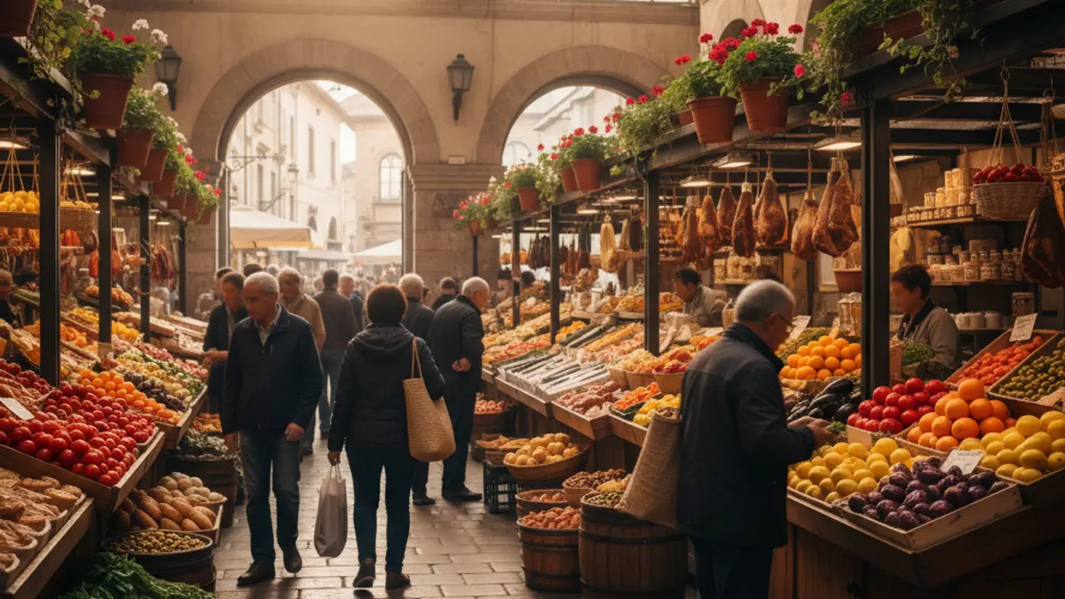 Imatge genèrica d'un mercat municipal amb parades de productes frescos.