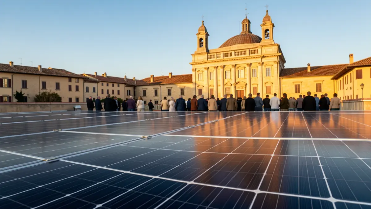 Imagen genérica de paneles solares sobre un tejado con un edificio público al fondo.