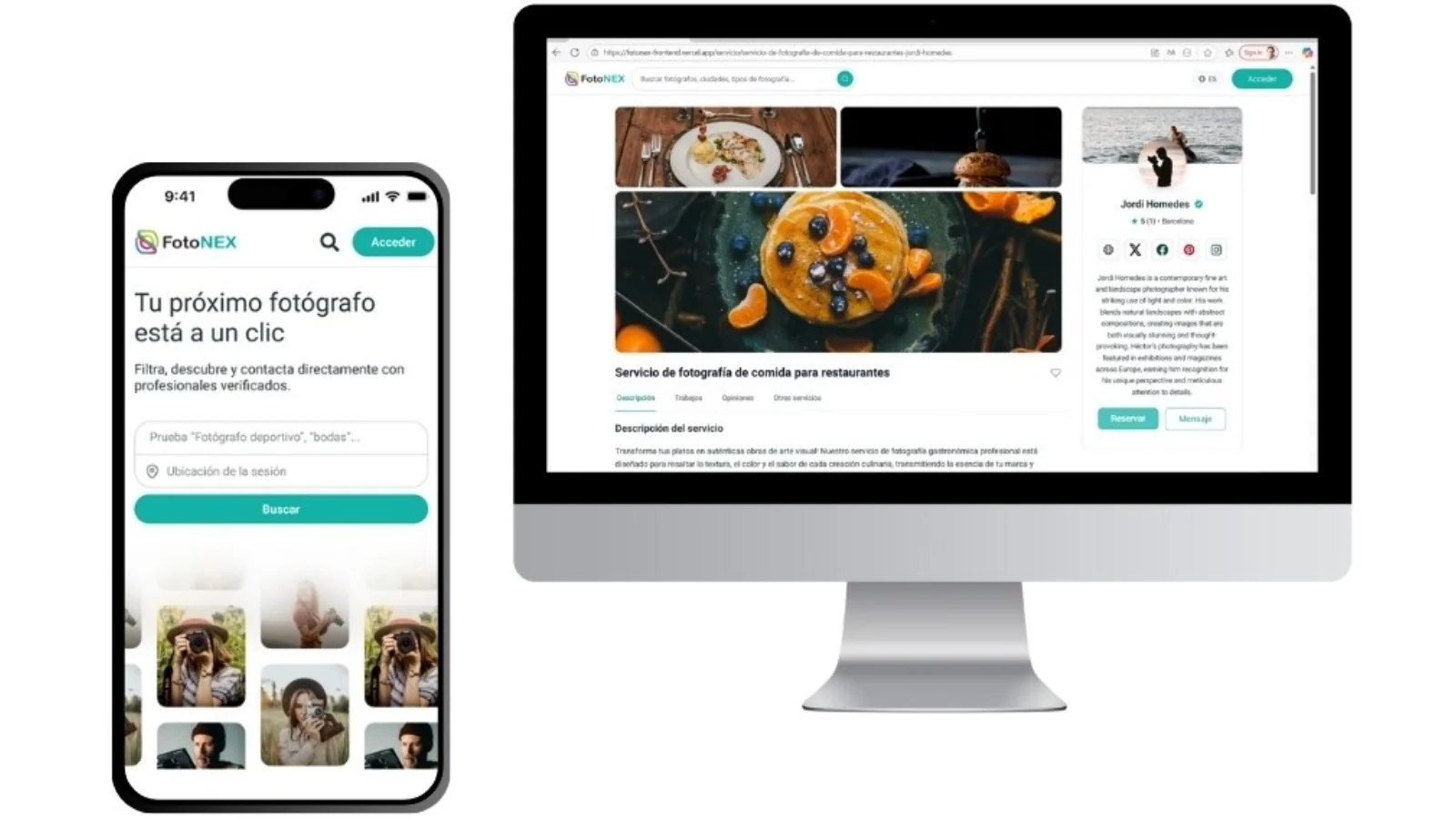 FotoNEX plataforma per a reservar fotògrafs professionals en línia. FotoNEX facilita la cerca i reserva en línia de fotògrafs i videogràfics professionals des d'una plataforma digital nascuda a Barcelona. Imatge de la plataforma FotoNEX mostrada en versió mòbil i escriptori, on els usuaris poden bus