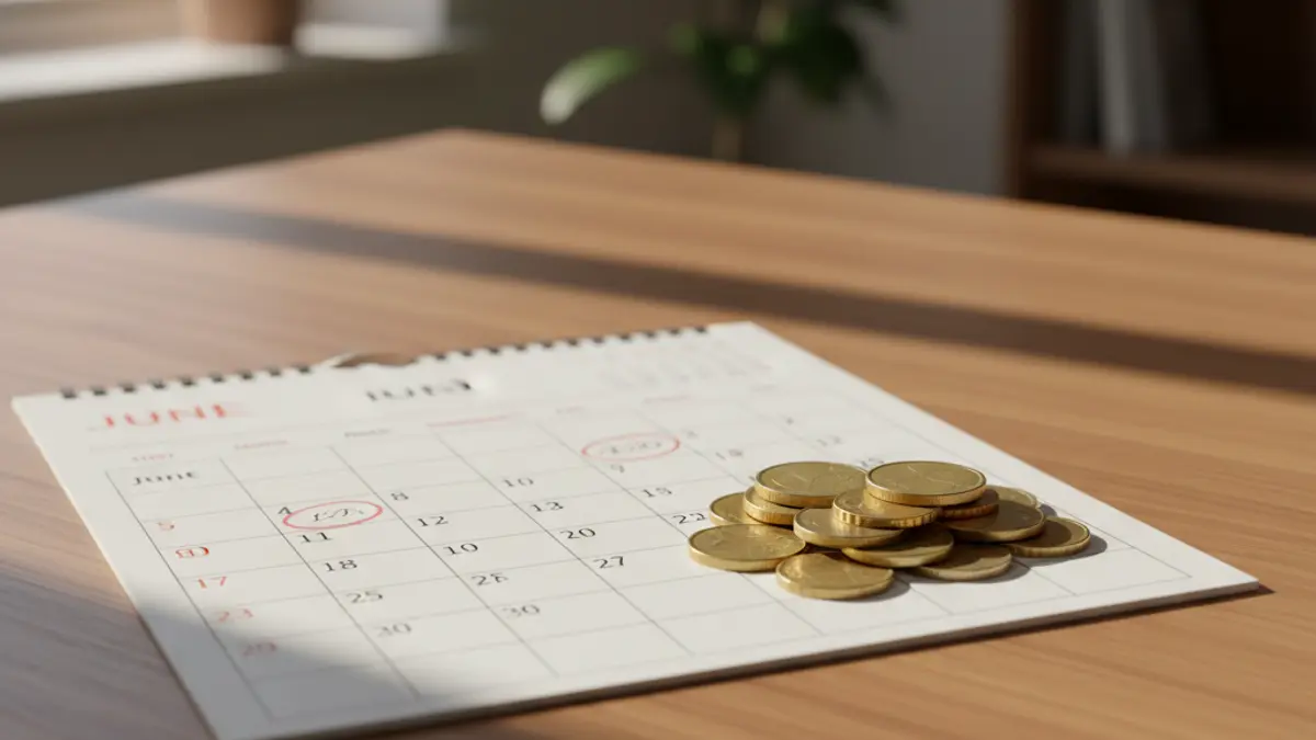 Generic image of a calendar with marked dates and coins, symbolizing the planning and cost of family reconciliation during summer.